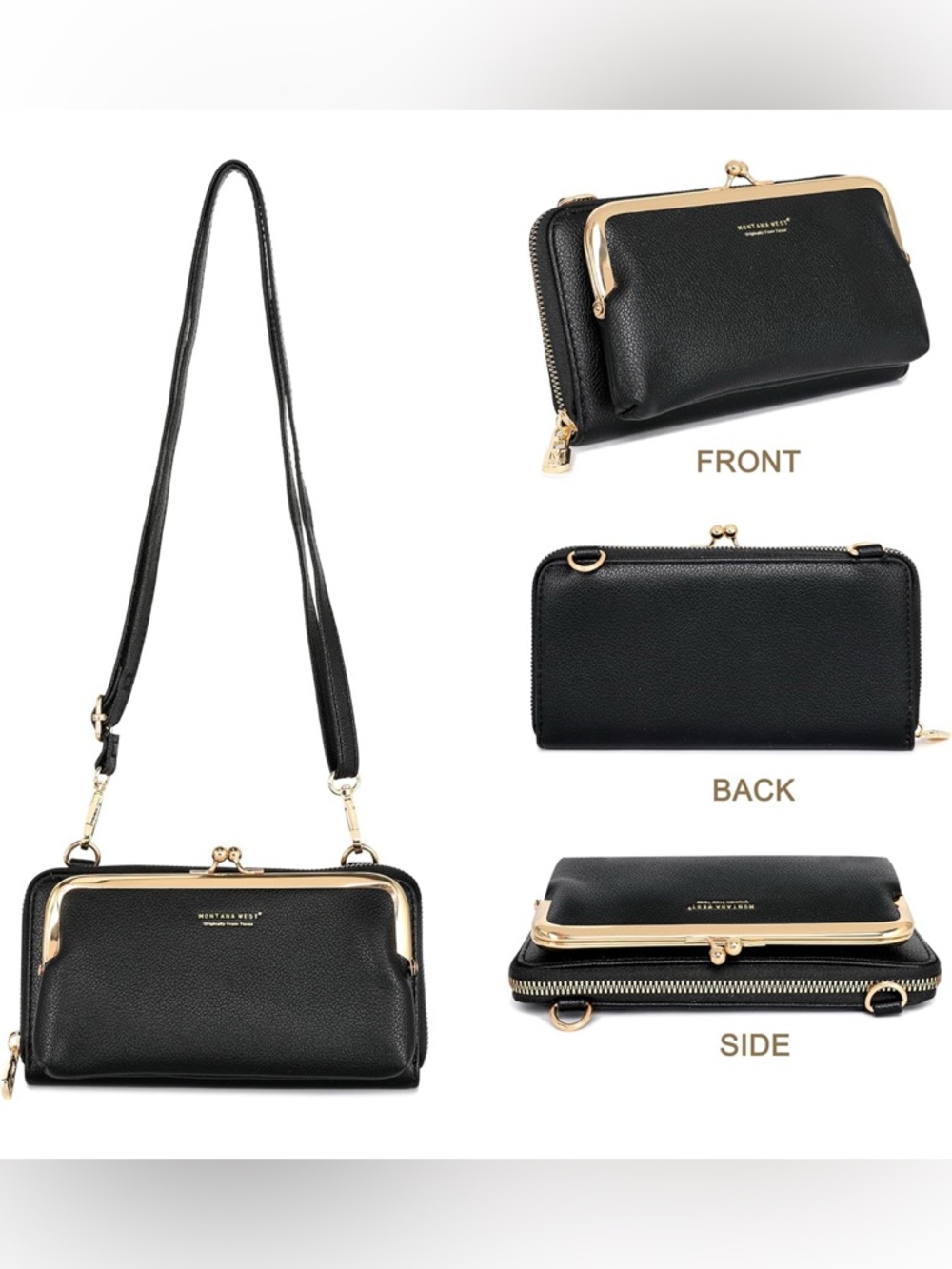 Montana West Black Crossbody Wallet with Gold Hardware